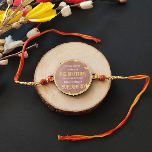 Being Big Brother is better than being Superhero Wooden Rakhi with Rudraksha, Roli, and Chawal