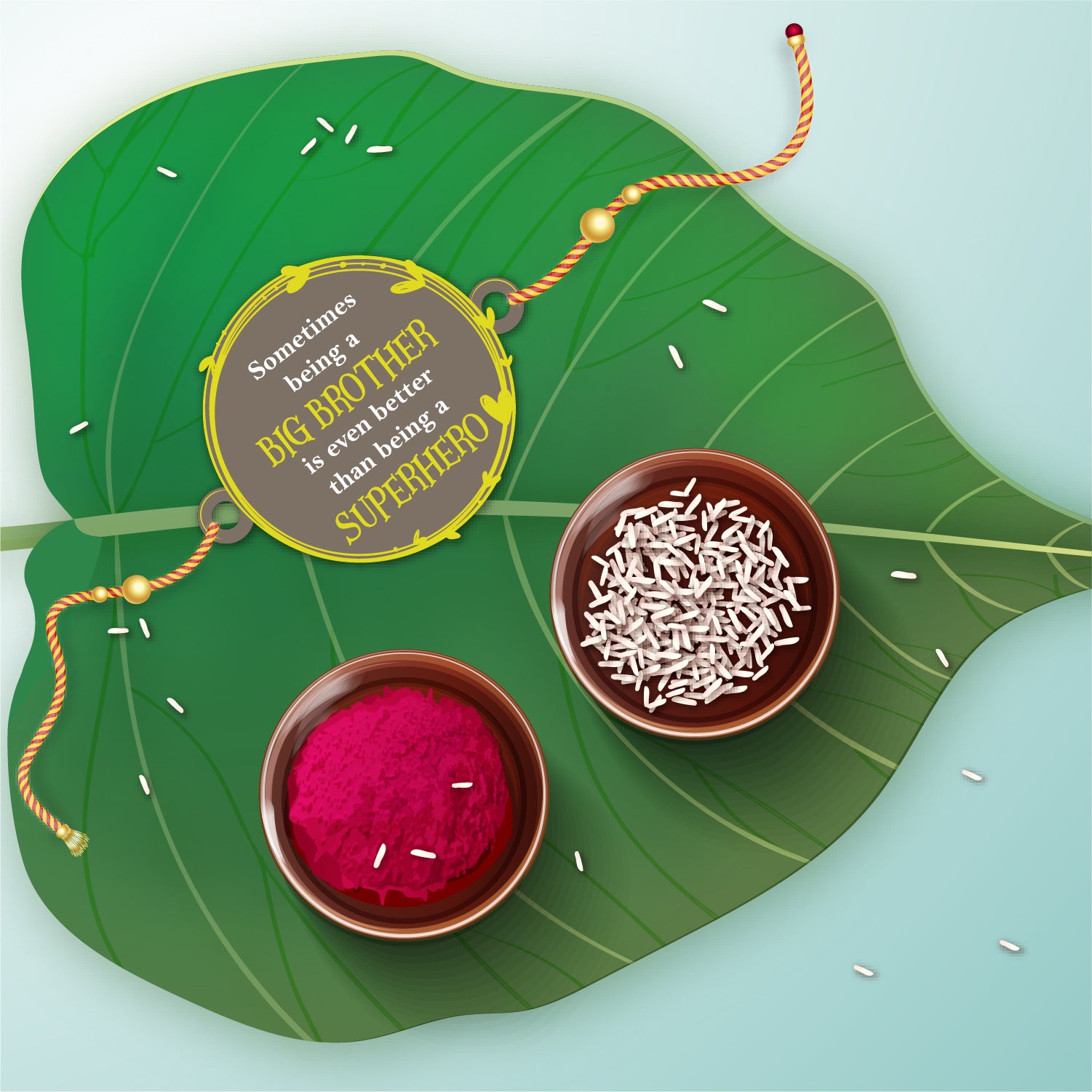 Detailed view of 'Being Big Brother is better than being Superhero' message on wooden Rakhi with Rudraksha beads
