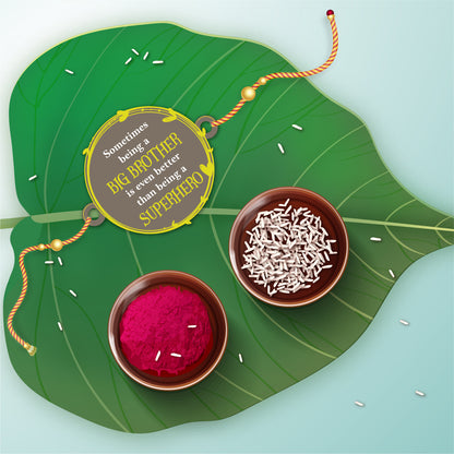 Detailed view of 'Being Big Brother is better than being Superhero' message on wooden Rakhi with Rudraksha beads