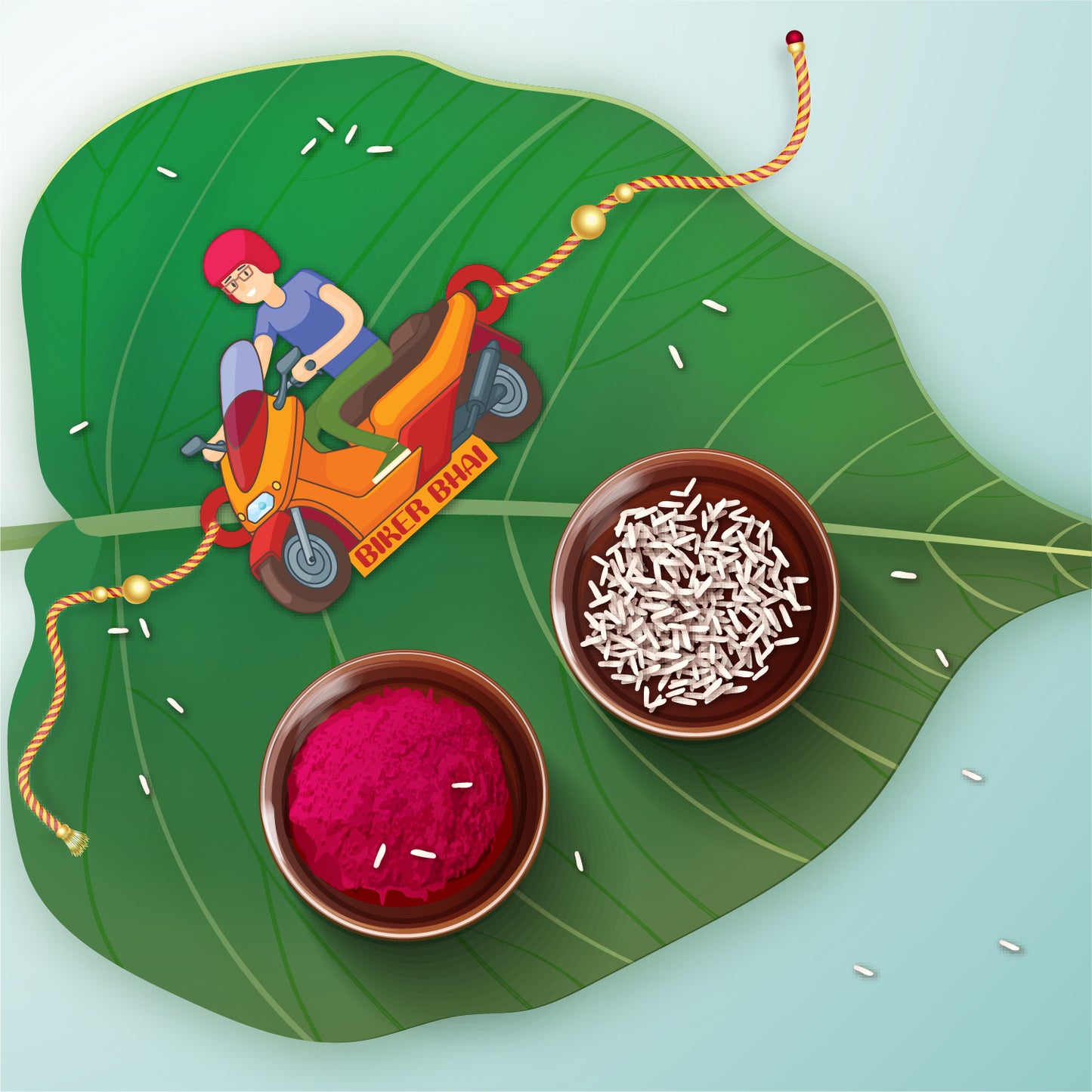 Close-up detail of motorcycle or helmet design and 'Biker Bhai' inscription on wooden Rakhi with Rudraksha beads.