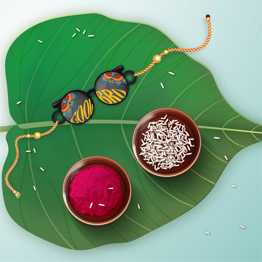 Detailed view of 'Cool Bro' inscription on wooden Rakhi with Rudraksha beads