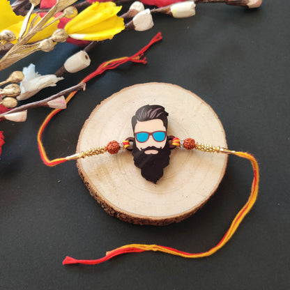 Dashing Bhai Wooden Rakhi with Rudraksha thread, Roli, and Chawal