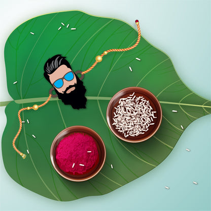 Detailed view of Dashing Bhai inscription on wooden Rakhi with Rudraksha beads