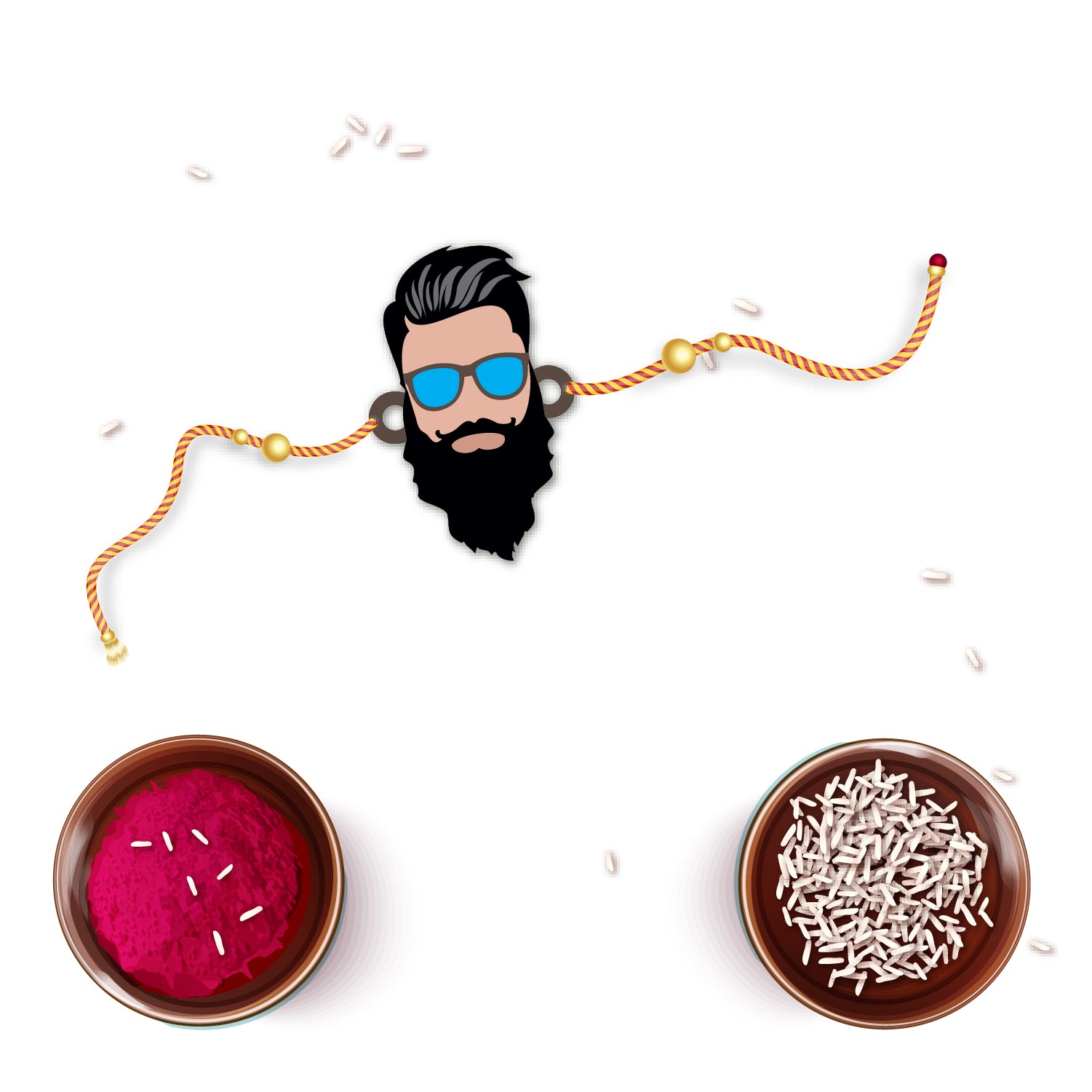 Close-up showing the smooth texture of the wooden 'Dashing Bhai' pendant and natural Rudraksha beads.