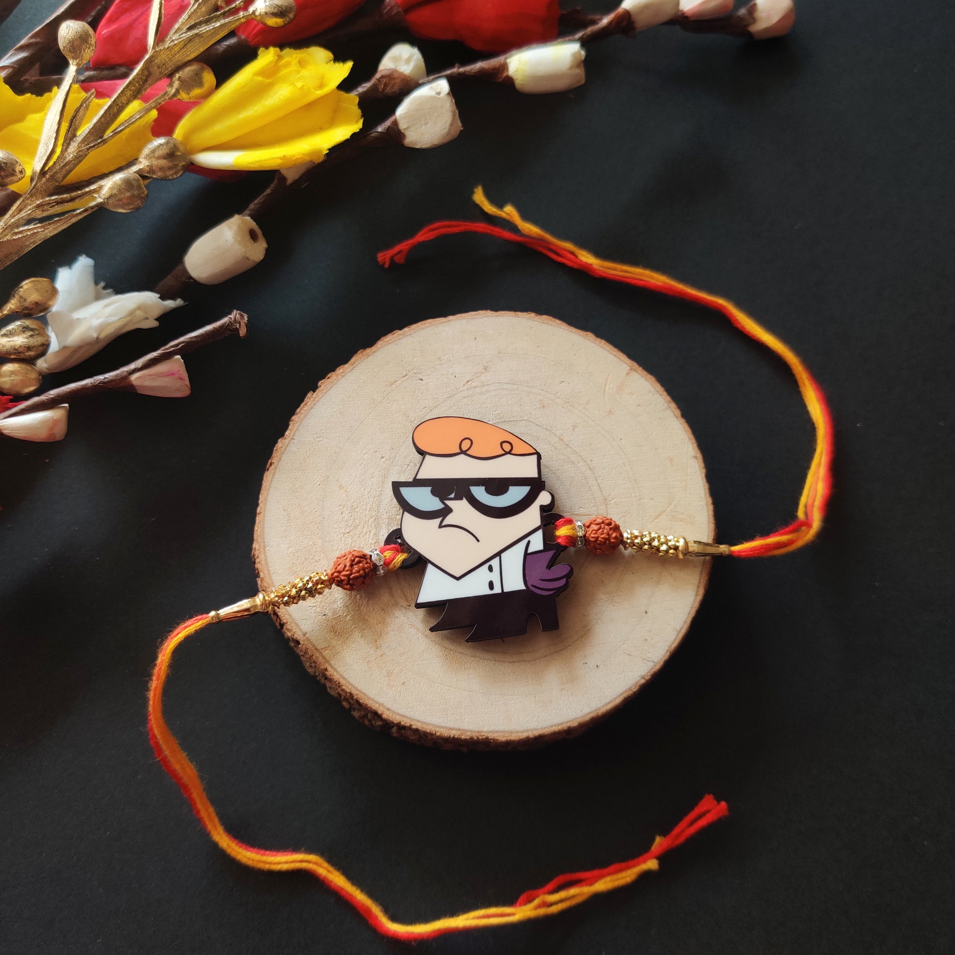 Dexter Wooden Rakhi with Rudraksha thread, presented with Roli and Chawal for Raksha Bandhan