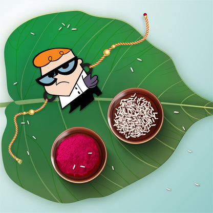 Close-up detail of Dexter design on wooden Rakhi with Rudraksha beads.