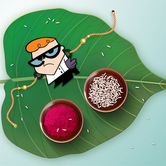 Close-up detail of Dexter design on wooden Rakhi with Rudraksha beads.