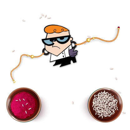 Dexter Wooden Rakhi with Rudraksha displayed next to a science book or a miniature beaker.