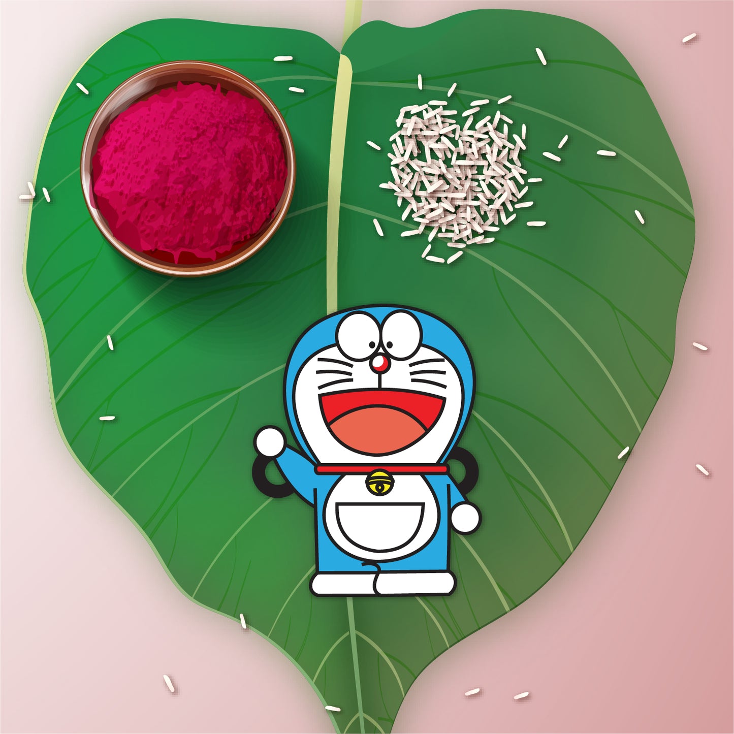 Doraemon Rakhi with Rudraksha placed against a futuristic or blue background with gadgets.