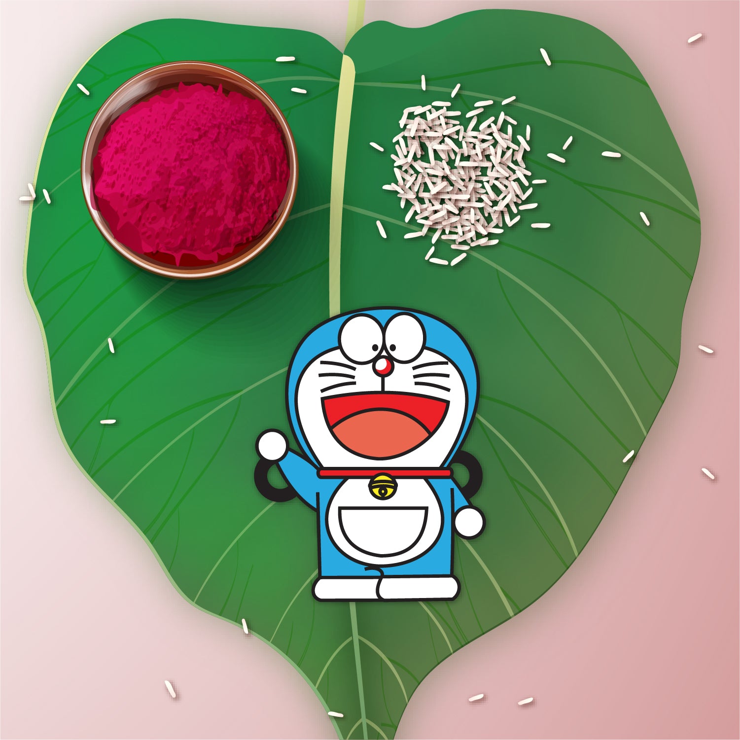 Doraemon Rakhi with Rudraksha placed against a futuristic or blue background with gadgets.