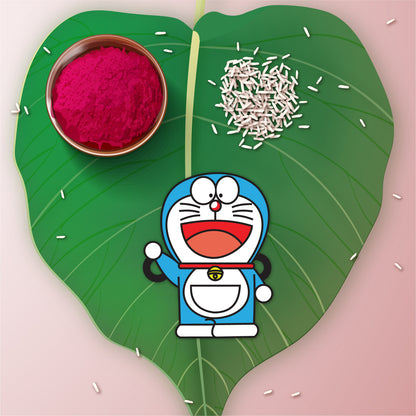 Doraemon Rakhi with Rudraksha placed against a futuristic or blue background with gadgets.