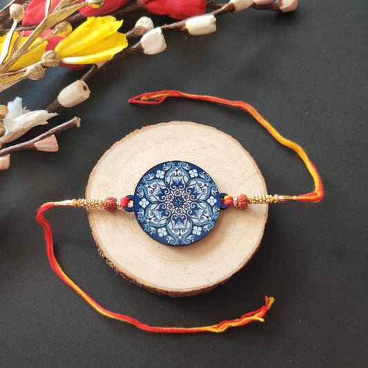 Ethnic Mandala Wooden Rakhi with Rudraksha thread and Roli Chawal