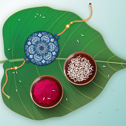Detailed view of Mandala design on wooden Rakhi with Rudraksha beads