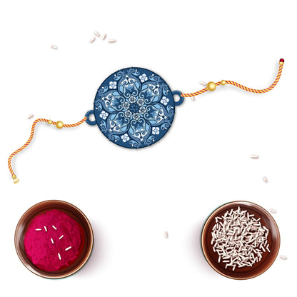 Ethnic Mandala Wooden Rakhi with Rudraksha thread on Raksha Bandhan