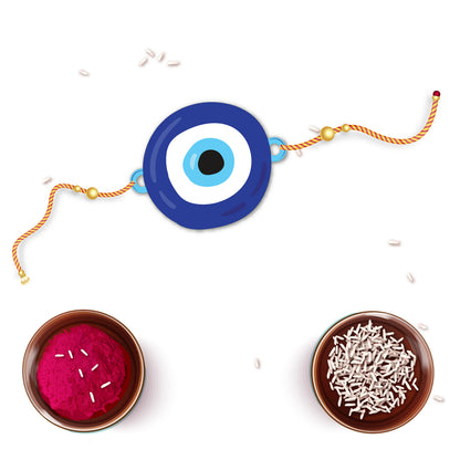 Modern Rakhi with traditional elements – Evil Eye design and Rudraksha