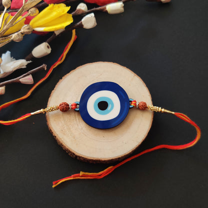 Evil Eye Wooden Rakhi with Rudraksha thread – protection Rakhi for brother