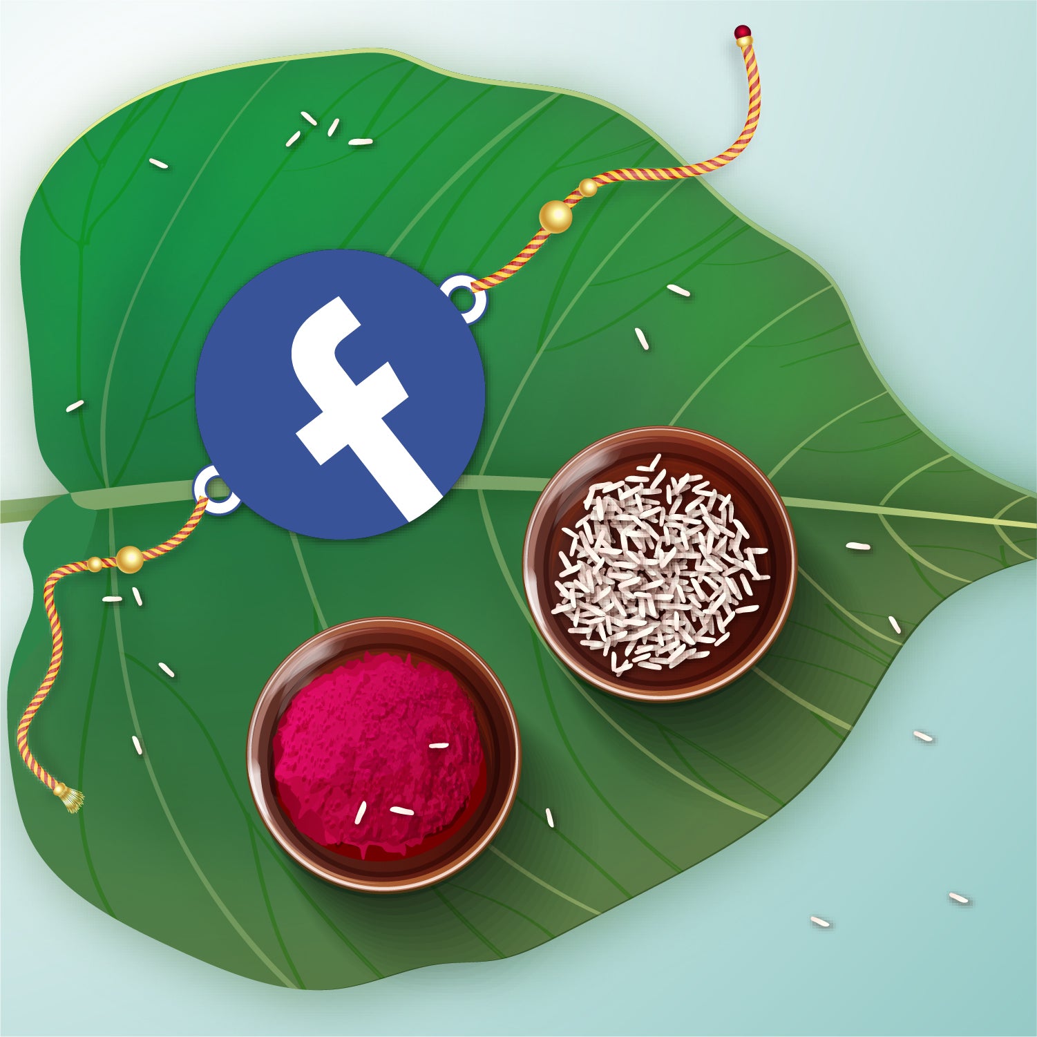 Close-up detail of Facebook 'F' logo or like button design on wooden Rakhi with Rudraksha beads.