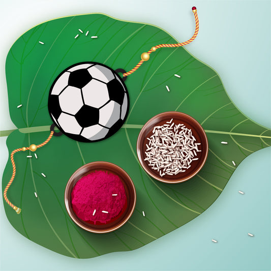 Close-up detail of football design on wooden Rakhi with Rudraksha beads.