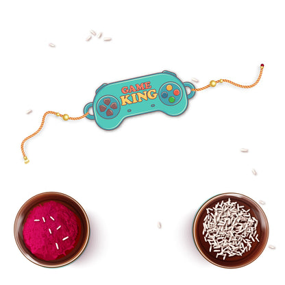 Detailed view showing the natural wood texture and smooth finish of the Gamer King Bhai Rakhi pendant.