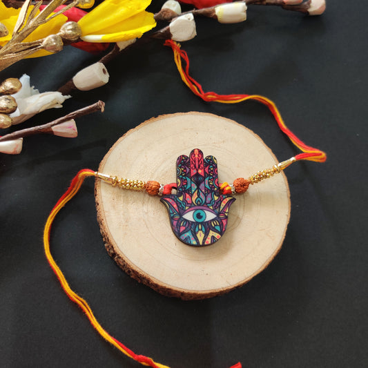 Hamsa Wooden Rakhi with Rudraksha thread – protective Rakhi for brother