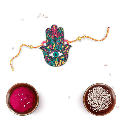Symbolic Rakhi for elder brother – wooden badge with Rudraksha