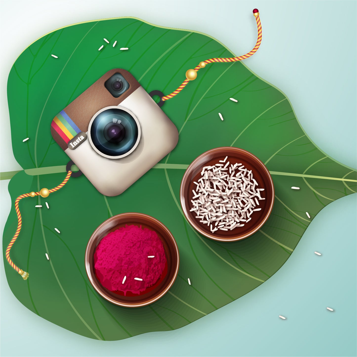 Close-up detail of Instagram-inspired design and 'Insta Wala Bhai' inscription on wooden Rakhi with Rudraksha beads.