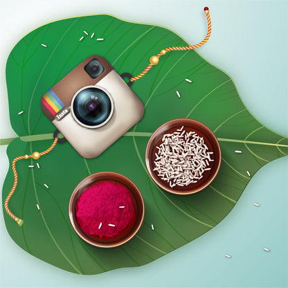 Close-up detail of Instagram-inspired design and 'Insta Wala Bhai' inscription on wooden Rakhi with Rudraksha beads.