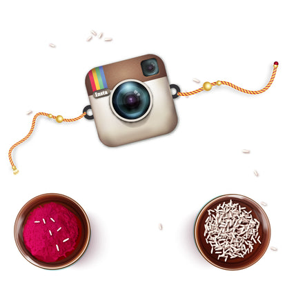 Insta Wala Bhai Wooden Rakhi with Rudraksha displayed next to a smartphone or camera accessory