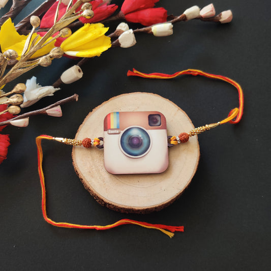 Insta Wala Bhai Wooden Rakhi with Rudraksha thread, presented with Roli and Chawal.