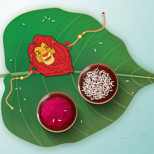 Close-up detail of Mufasa design on wooden Rakhi with Rudraksha beads.