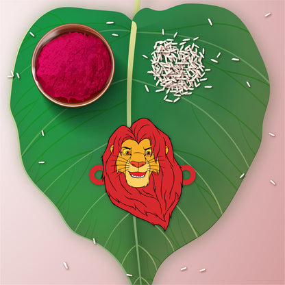 Mufasa Rakhi with Rudraksha placed against an African savanna or Lion King themed backdrop