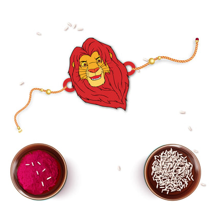 Detailed view showing the natural wood texture and smooth finish of the Mufasa Rakhi pendant.