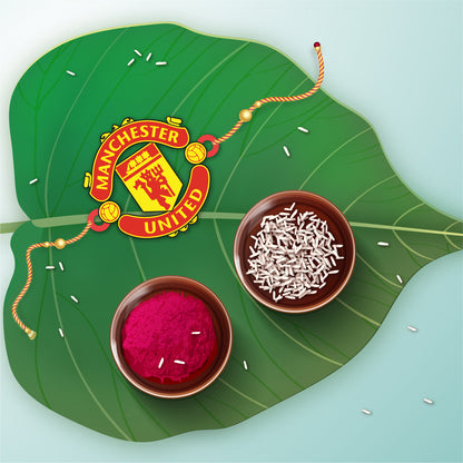 Close-up detail of Manchester United crest on wooden Rakhi with Rudraksha beads.