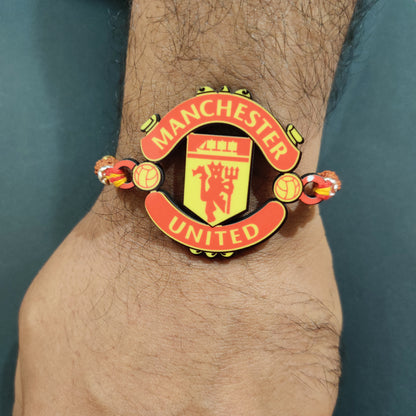 Football fan brother wearing Manchester United Wooden Rakhi with Rudraksha thread on his wrist