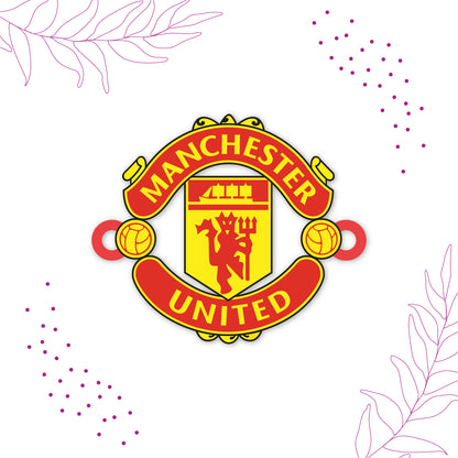 Sports-themed gift packaging for Manchester United Wooden Rakhi with Rudraksha.