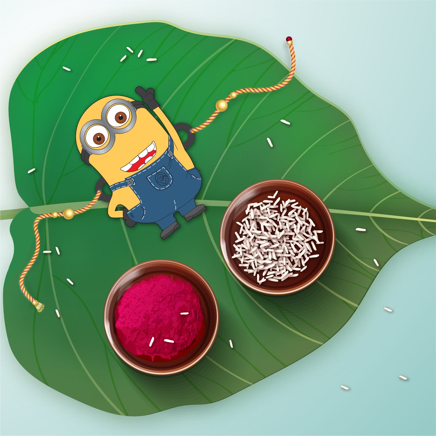 Close-up detail of Minion design on wooden Rakhi with Rudraksha beads.