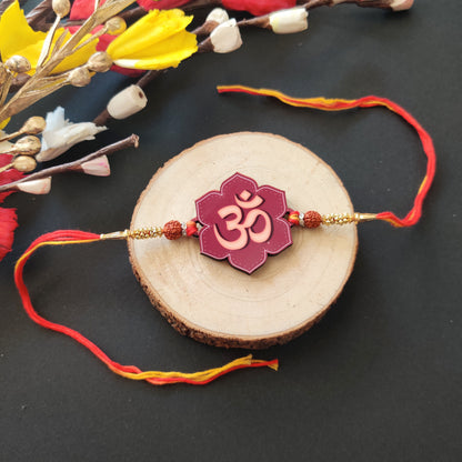 Om Wooden Rakhi with Rudraksha thread – spiritual Rakhi for brother