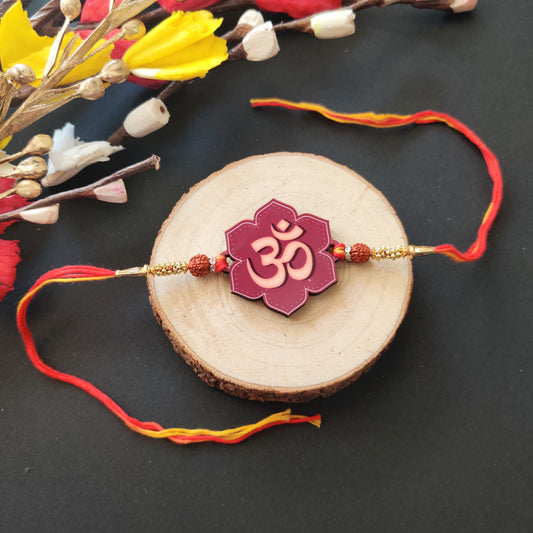 Om Wooden Rakhi with Rudraksha thread – spiritual Rakhi for brother
