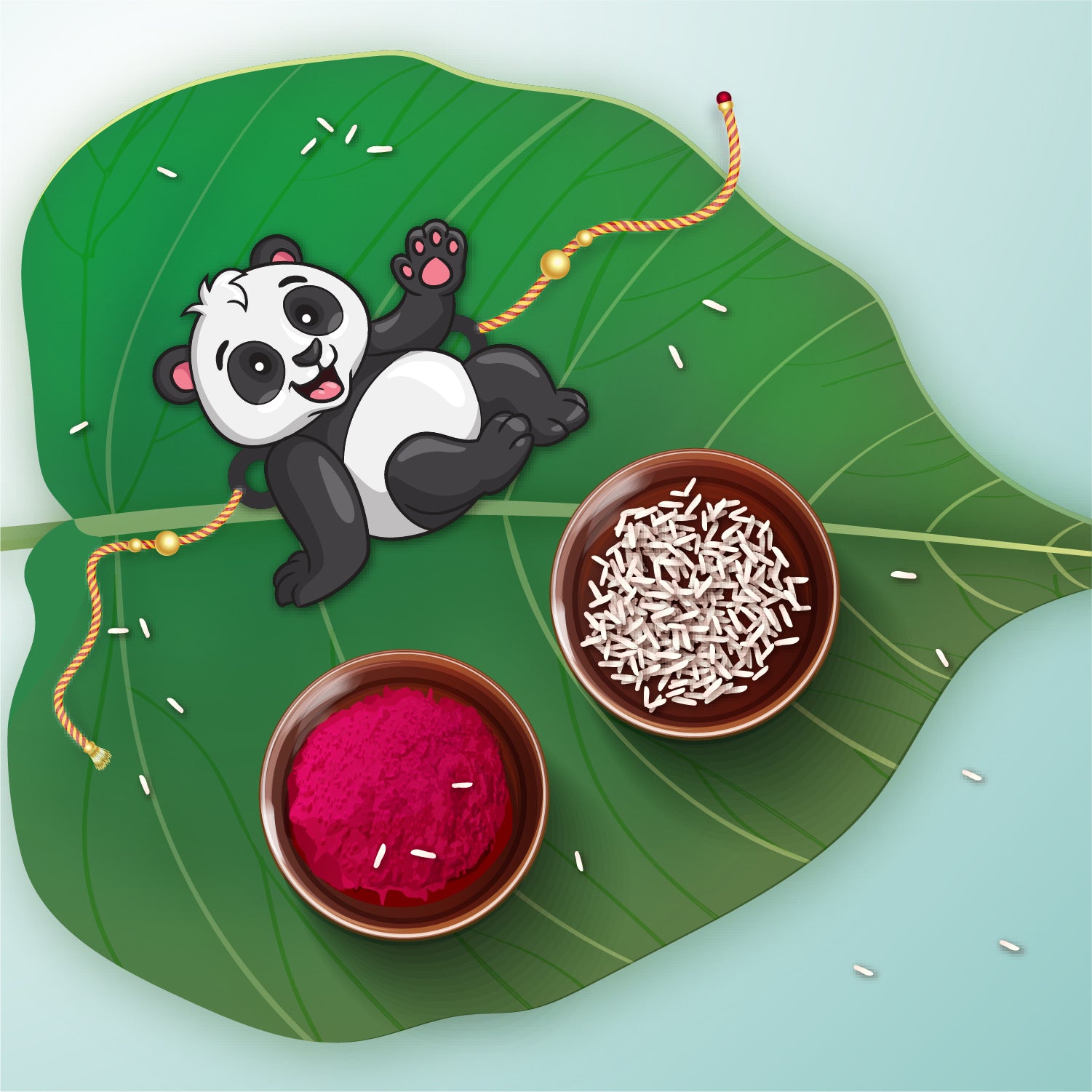 Close-up detail of cute Panda design on wooden Rakhi with Rudraksha beads.
