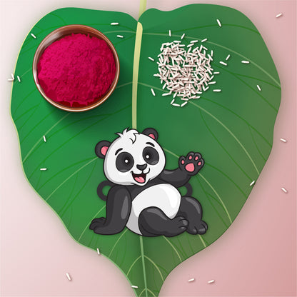 Close-up of the sacred Rudraksha beads on the thread of the Panda Rakhi.