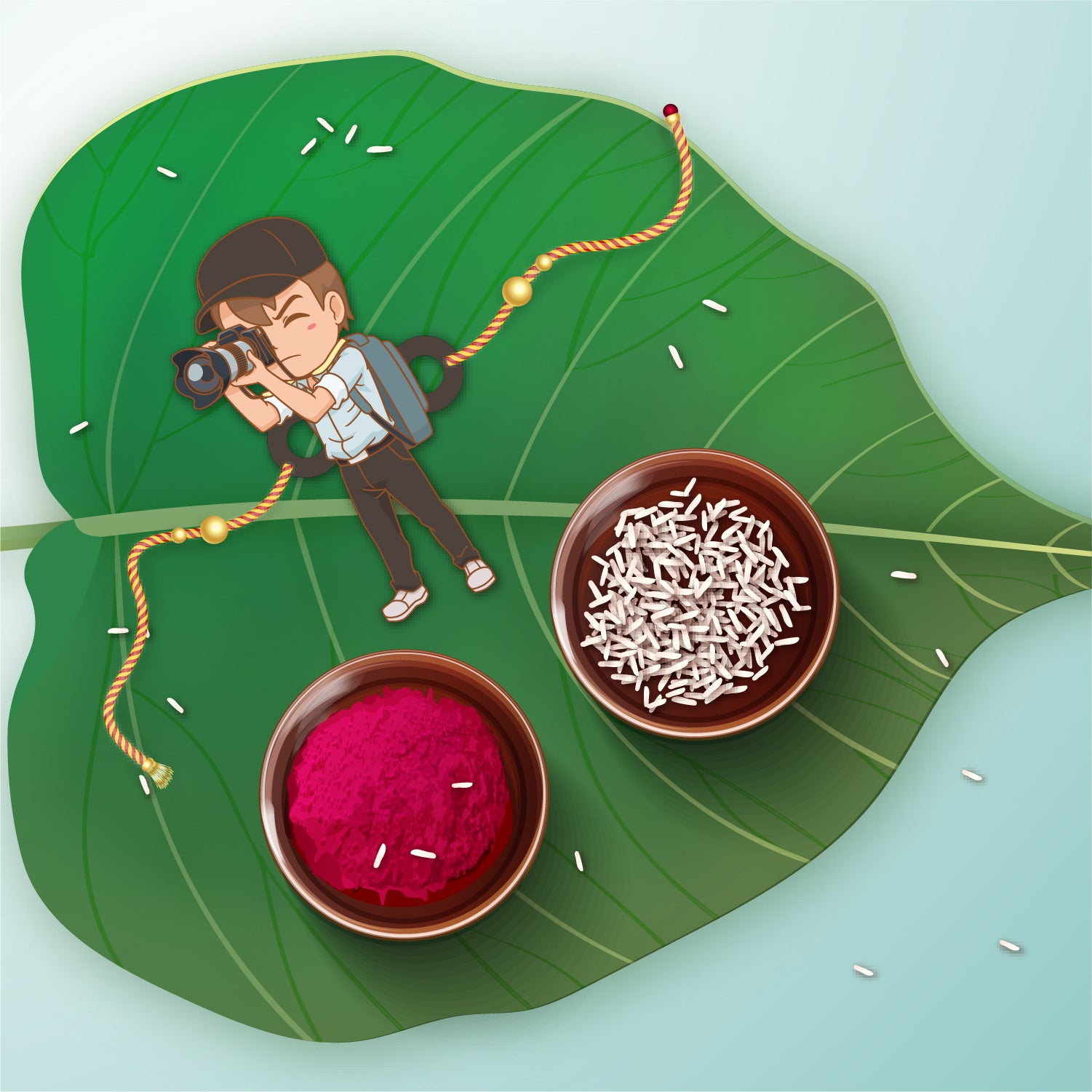 Close-up detail of camera symbol and 'Photographer Bhai' inscription on wooden Rakhi with Rudraksha beads