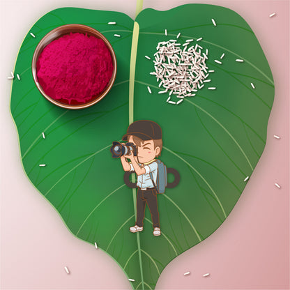 Photographer Bhai Rakhi with Rudraksha placed on a photography backdrop or near camera gear.