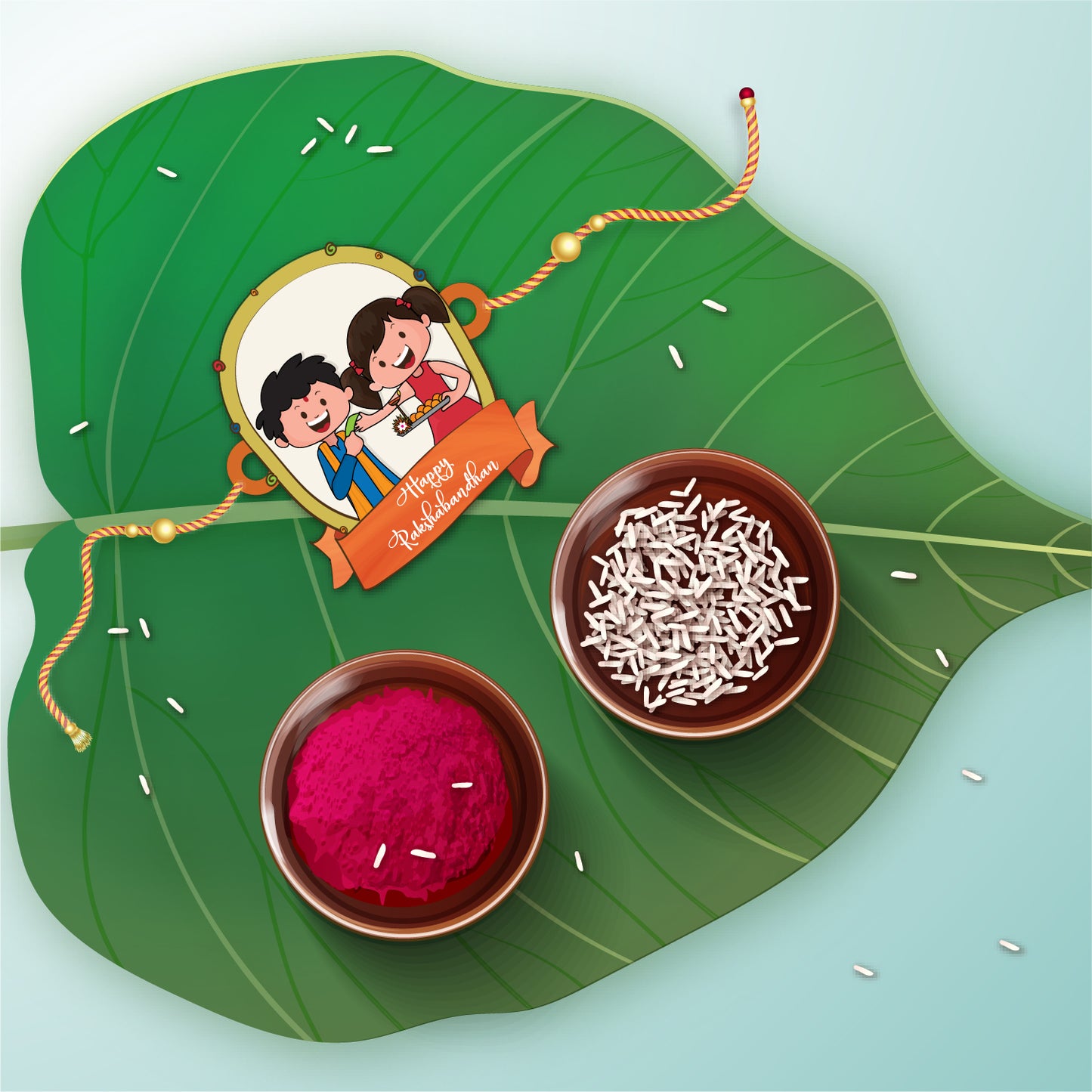 Close-up detail of 'Happy Rakshabandhan' inscription on wooden Rakhi with Rudraksha beads