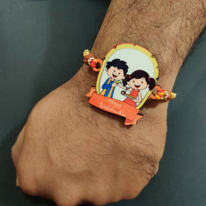 Traditional Happy Rakshabandhan Wooden Rakhi with Rudraksha thread worn on a brother's wrist