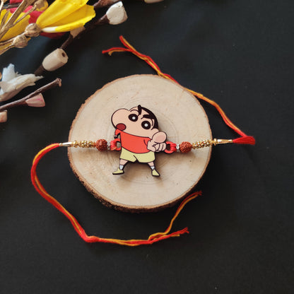 Shinchan Wooden Rakhi with Rudraksha thread, presented with Roli and Chawal for Raksha Bandhan