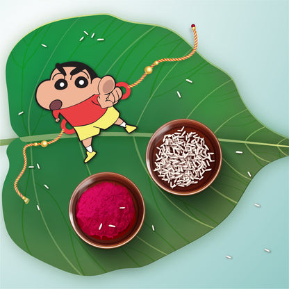 Close-up detail of Shinchan design on wooden Rakhi with Rudraksha beads.