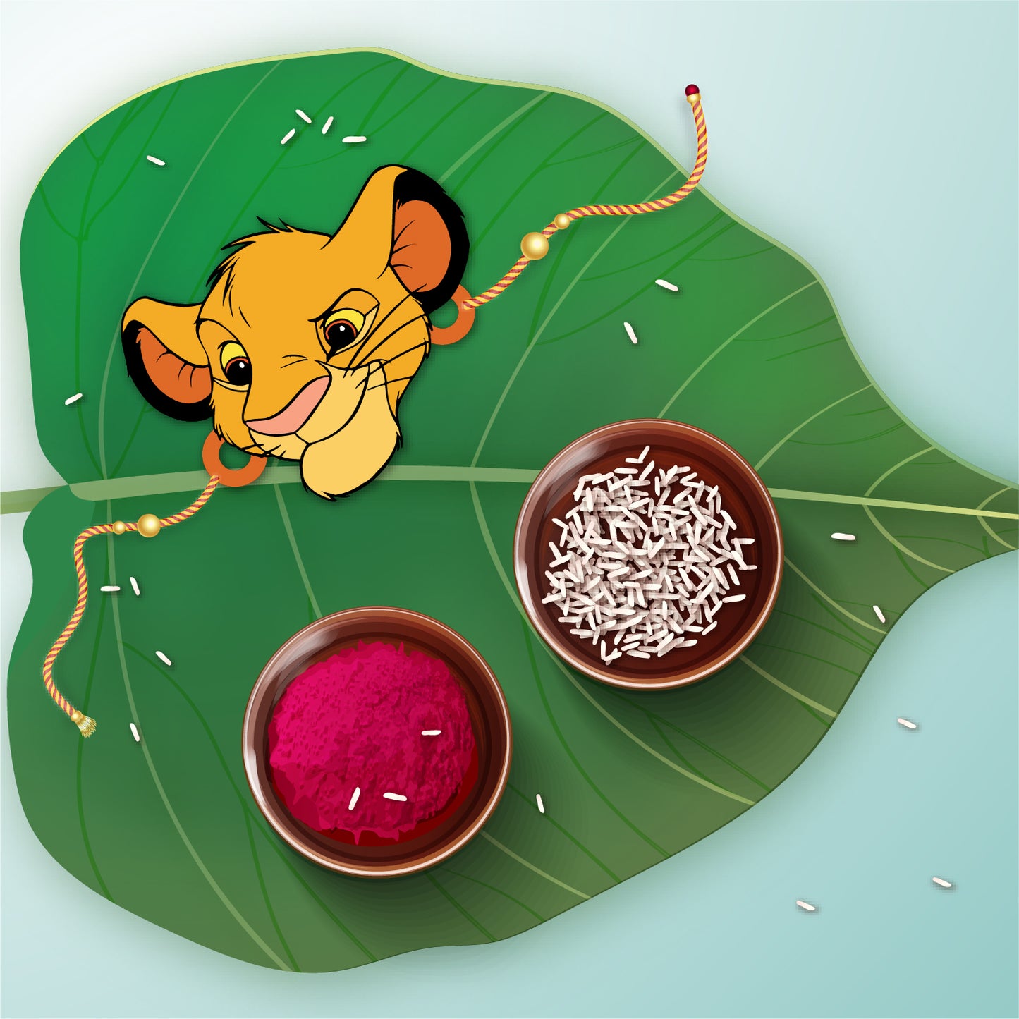 Close-up detail of Simba design on wooden Rakhi with Rudraksha beads.