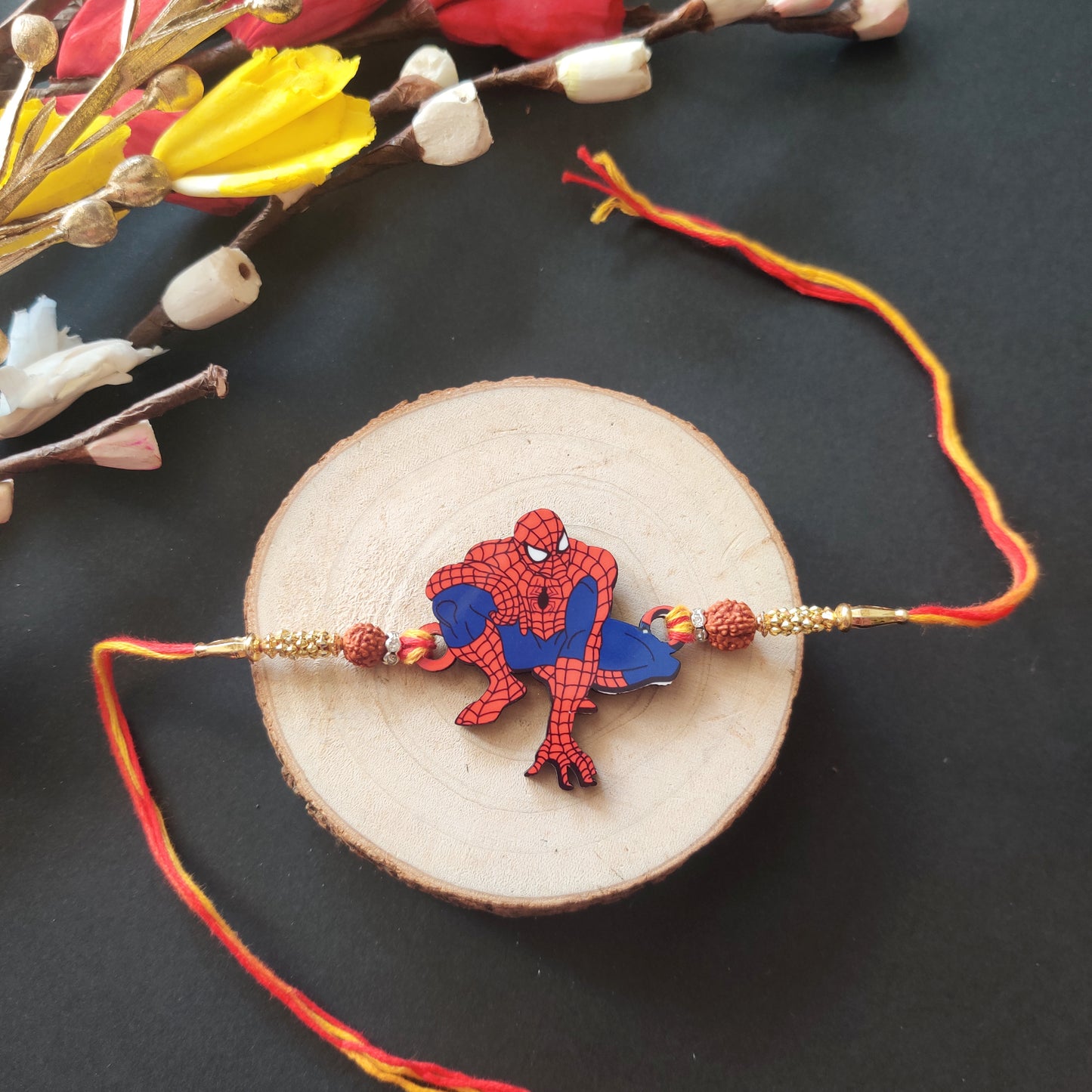 Spiderman Wooden Rakhi with Rudraksha | Superhero Rakhi for Kids & Bro | Shop Online India