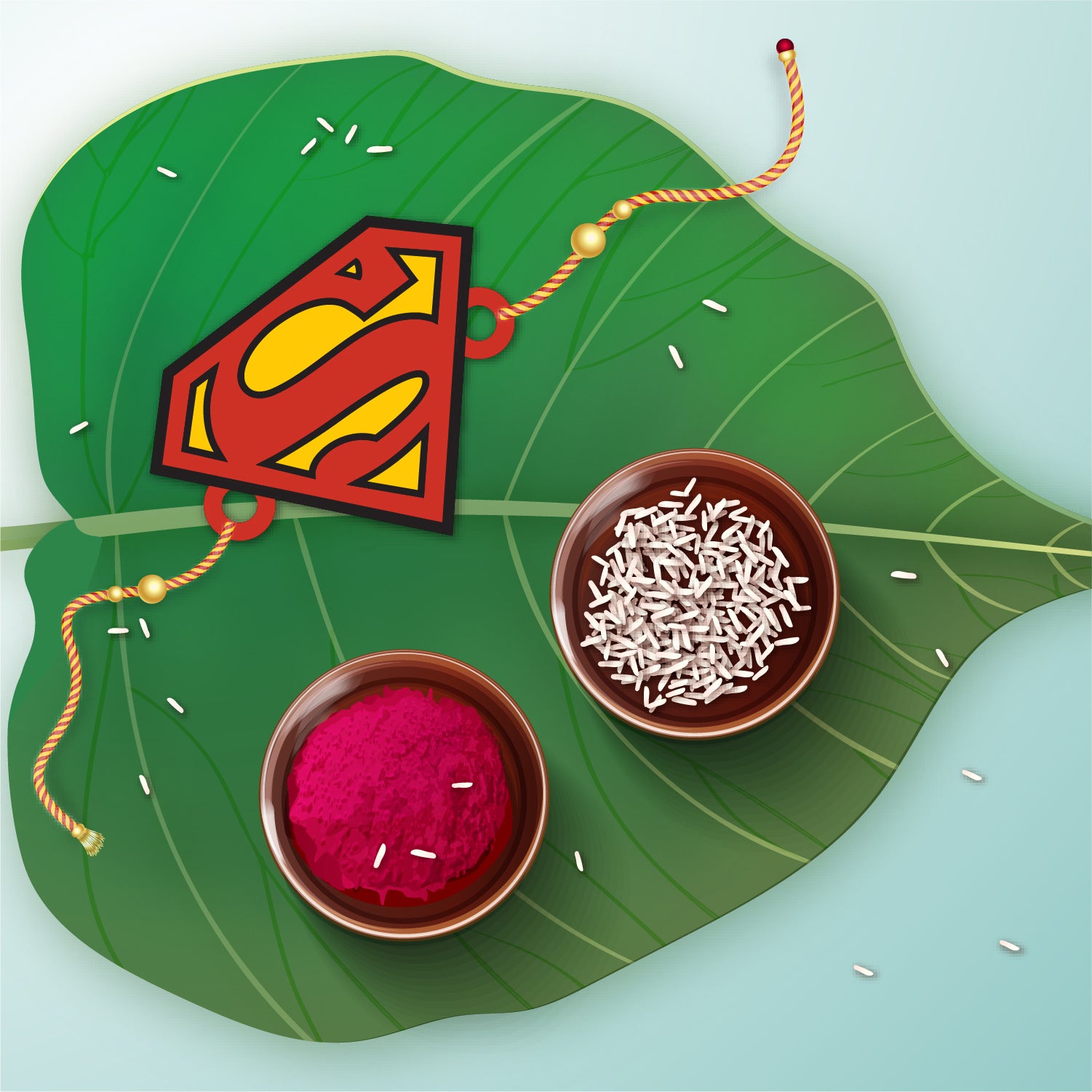 Close-up detail of iconic Superman 'S' shield on wooden Rakhi with Rudraksha beads