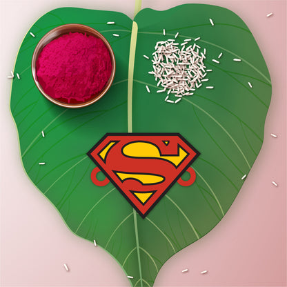 Close-up of the sacred Rudraksha beads on the thread of the Superman Rakhi.